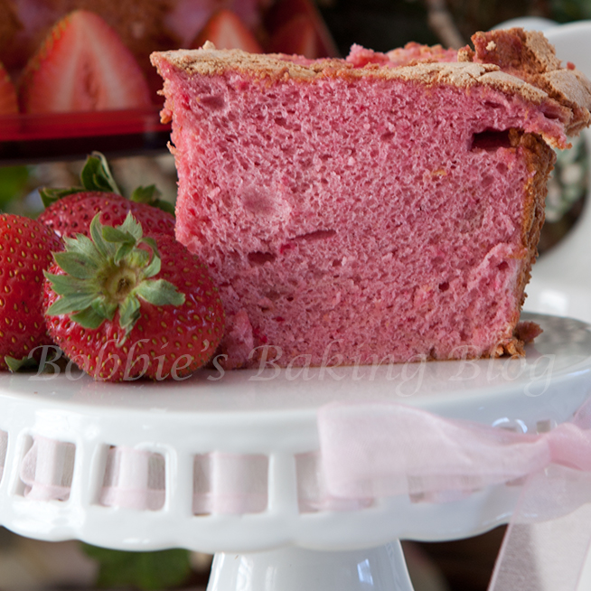 A moist fat free valentine's strawberry angel food cake
